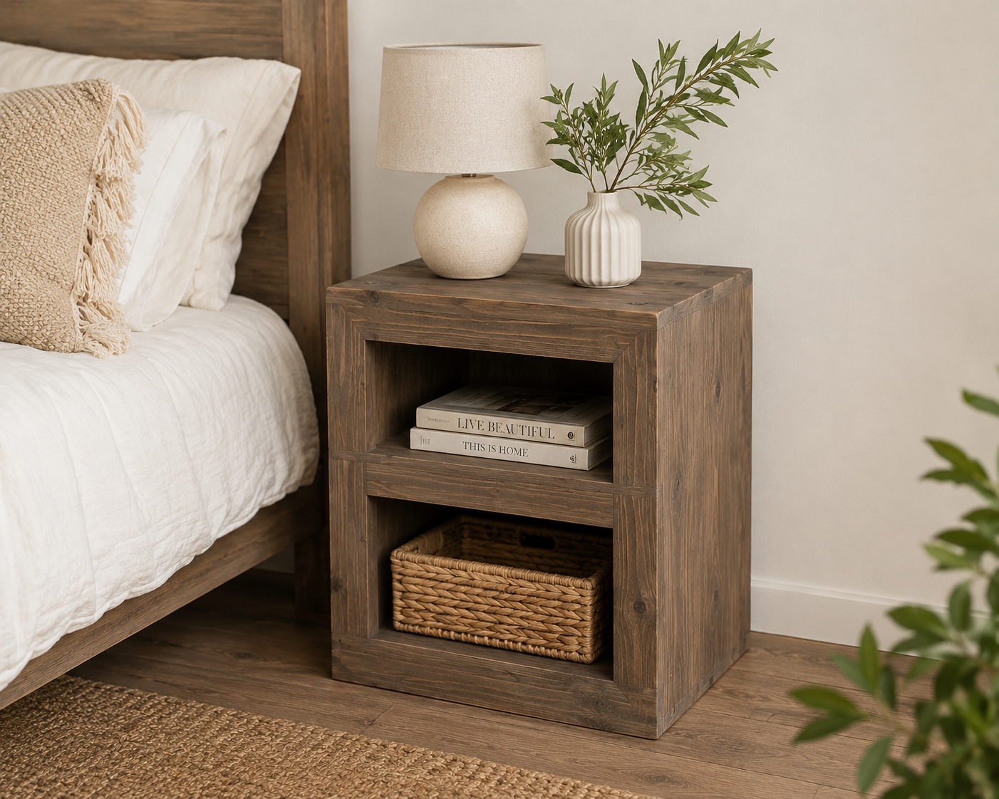 Rustic 2 Shelf Pine Bedside Table (Whiskey Stain)