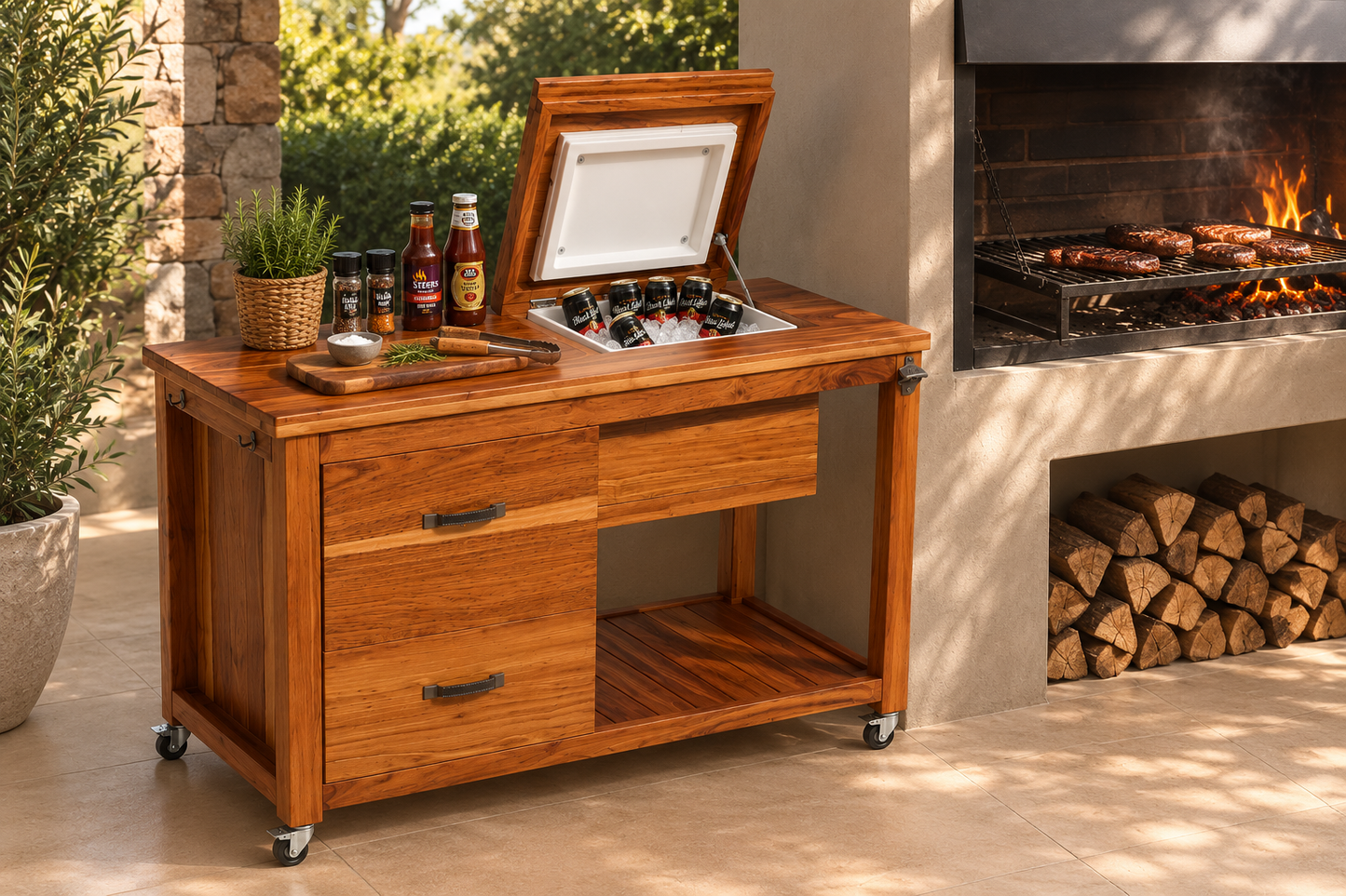 Teak Braai Trolley With Cooler Box