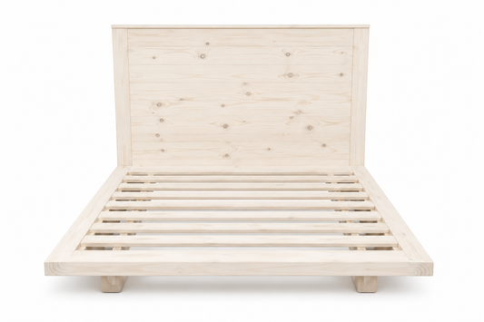 Queen Size Pine Floating Bed With Headboard (Light Cream Stain)