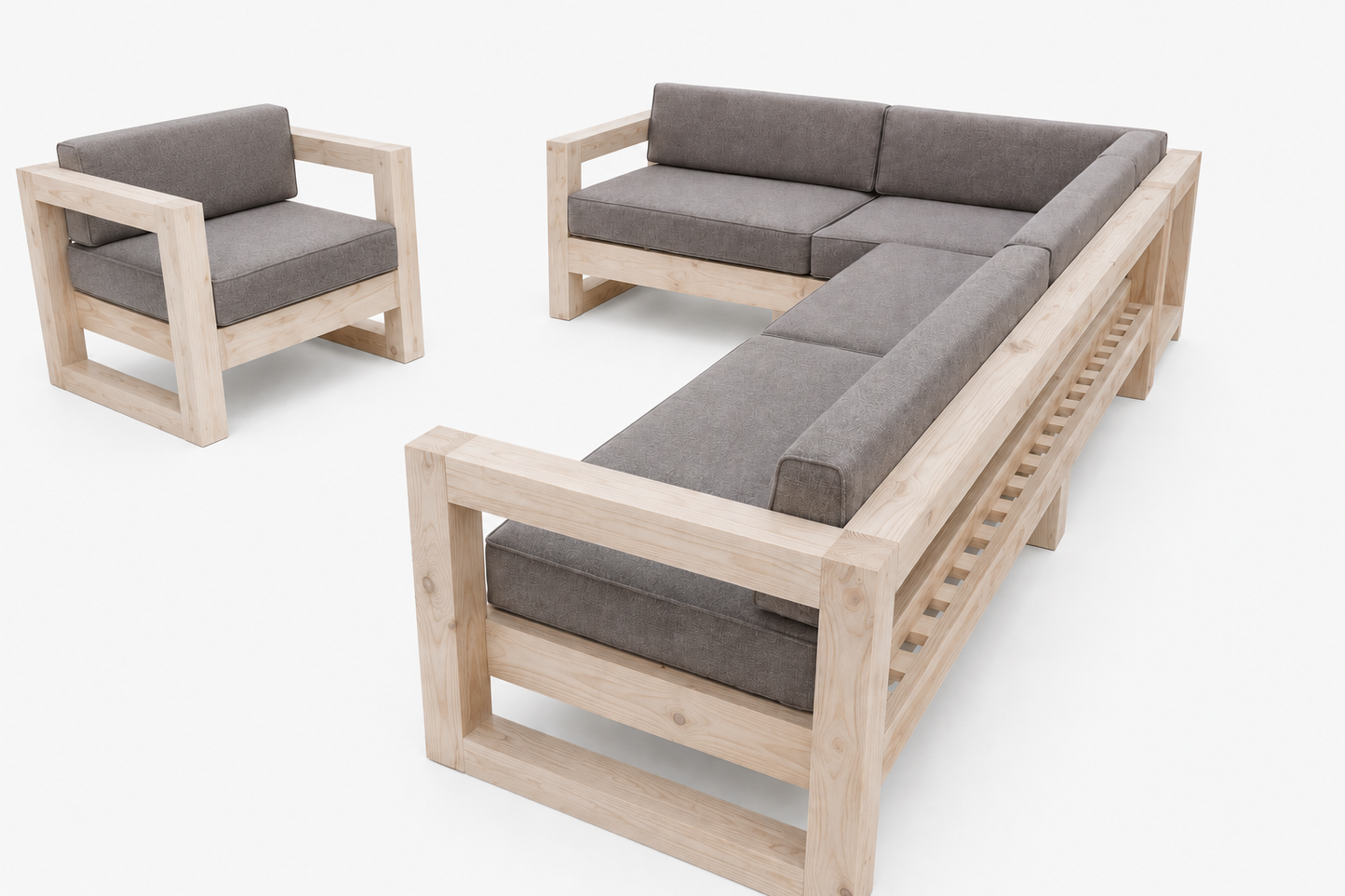 7 Seater Pine L-shaped Outdoor Lounge Chair With Cushions (Light Cream Stain)