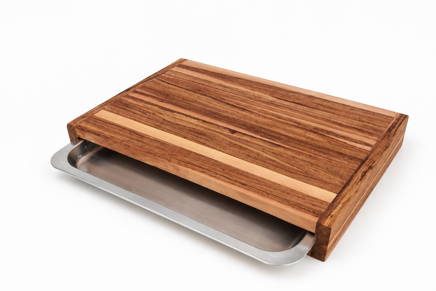 Teak Cutting Board With Metal Sliding Tray